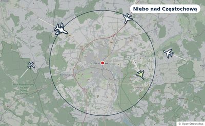 Mapa okolic miasta z sylwetkami samolotów — Niebo nad Częstochową na żywo