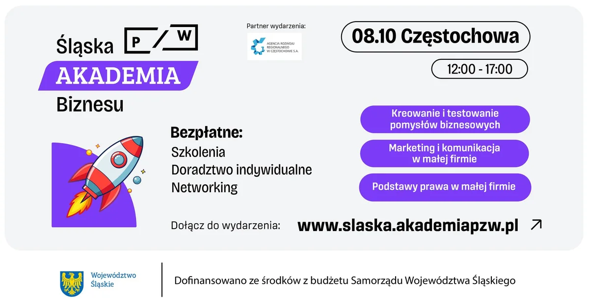Grafika promocyjna wydarzenia Śląska Akademia Biznesu: szkolenia i networking