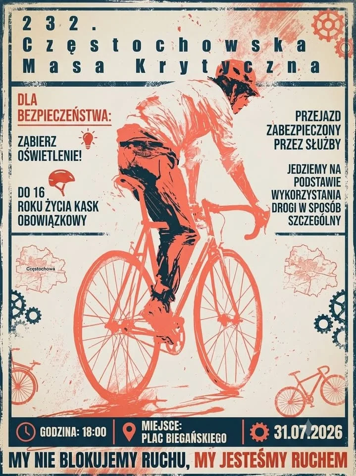 Grafika promocyjna wydarzenia 232. Częstochowska Masa Krytyczna – wakacyjny przejazd