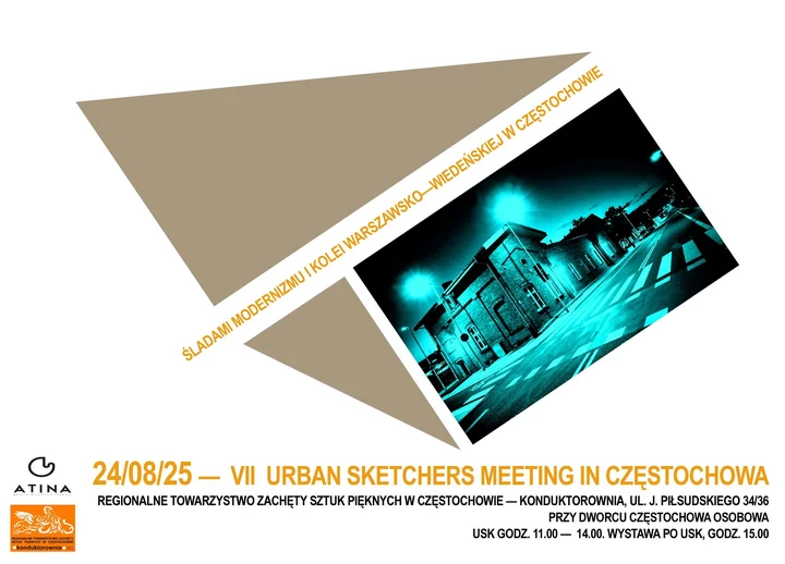 Obrazek przedstawia grafikę promocyjną wydarzenia Spotkanie Urban Sketchers w Częstochowie — rysowanie śladami modernizmu