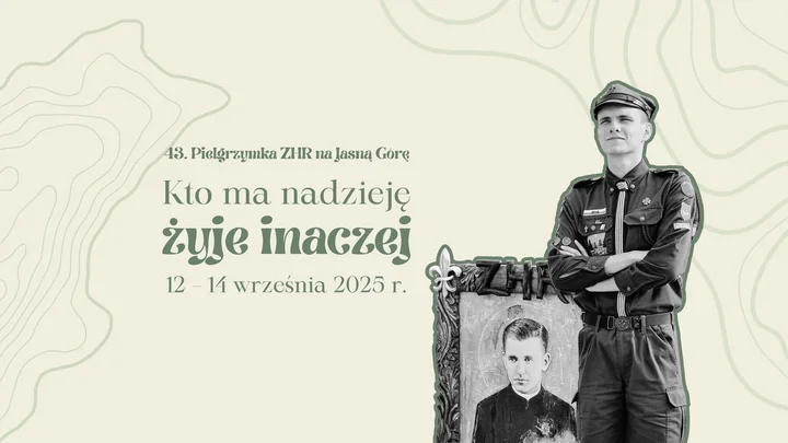 Obrazek przedstawia grafikę promocyjną wydarzenia Pielgrzymka ZHR na Jasną Górę — 43. edycja