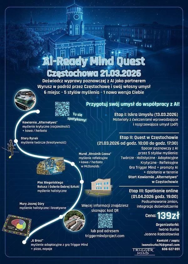 Grafika promocyjna wydarzenia AI-READY MIND QUEST w Częstochowie — Szlak myślenia