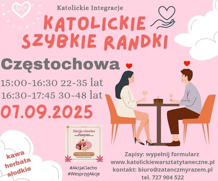 Obrazek przedstawia grafikę promocyjną wydarzenia Katolickie szybkie randki w Częstochowie – spotkania dla osób wierzących