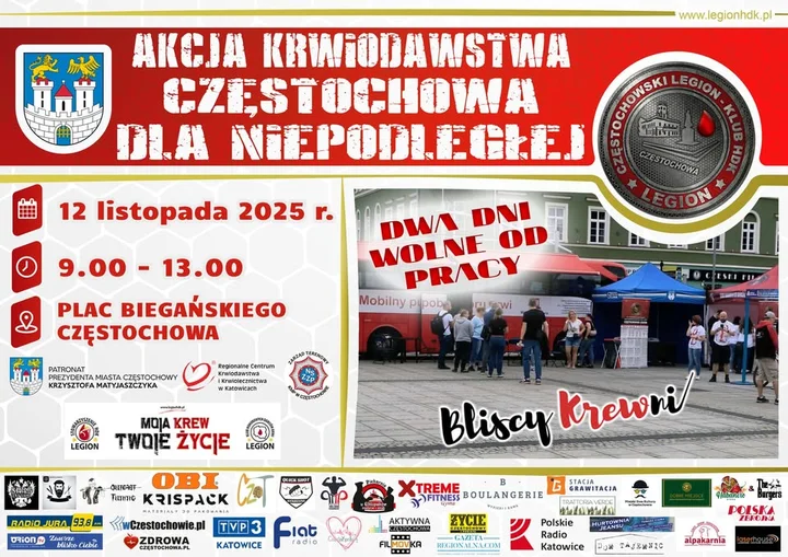 Grafika promocyjna wydarzenia Częstochowa dla Niepodległej — oddawanie krwi na Placu Biegańskiego