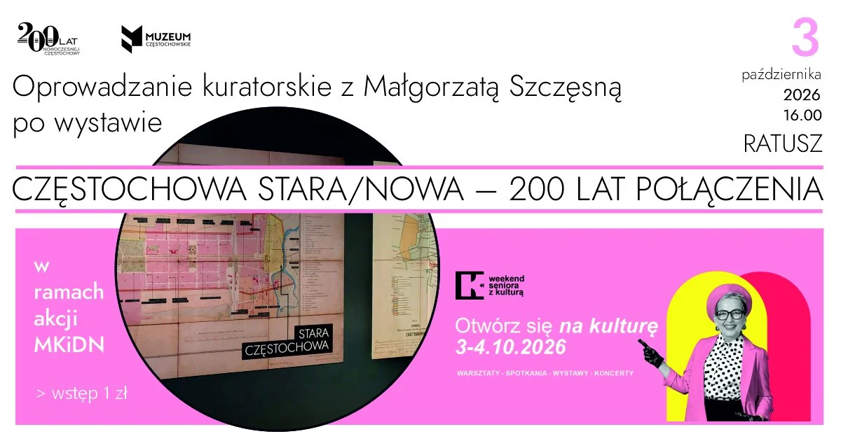 Grafika promocyjna wydarzenia Częstochowa Stara / Nowa. 200 lat połączenia – oprowadzanie