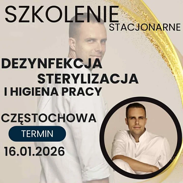 Grafika promocyjna wydarzenia Szkolenie „Dezynfekcja i sterylizacja” — Magnetic Academy, Częstochowa, 16 stycznia 2026