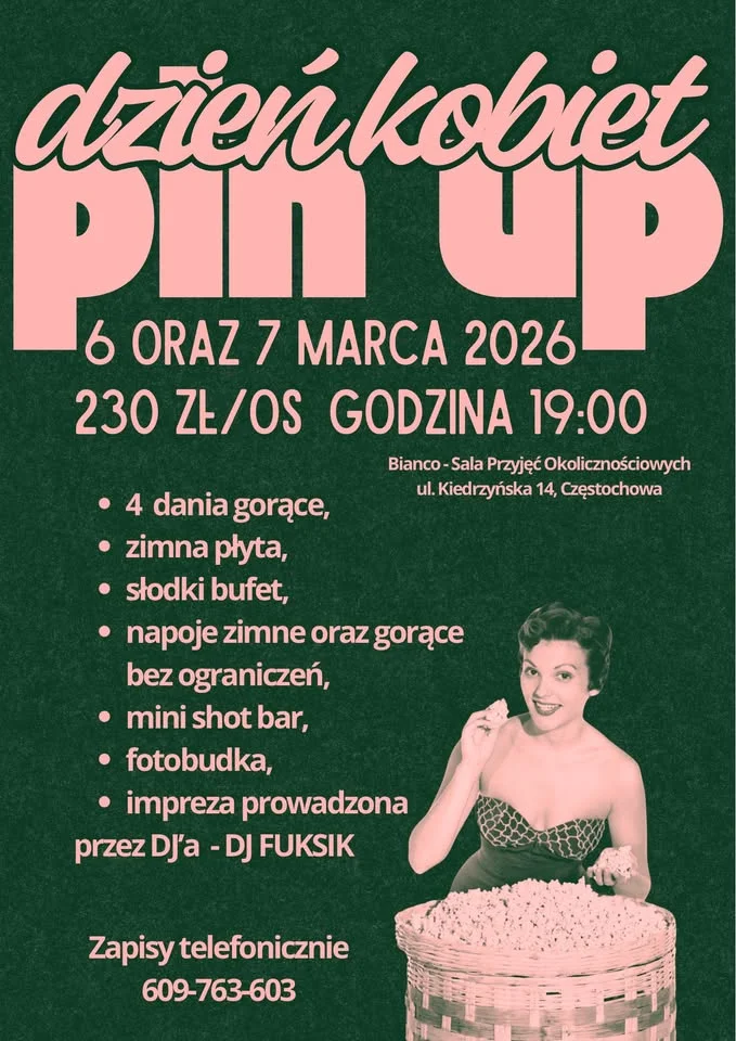 Grafika promocyjna wydarzenia DZIEŃ KOBIET 2026 Częstochowa — pin‑up imprezy w Bianco