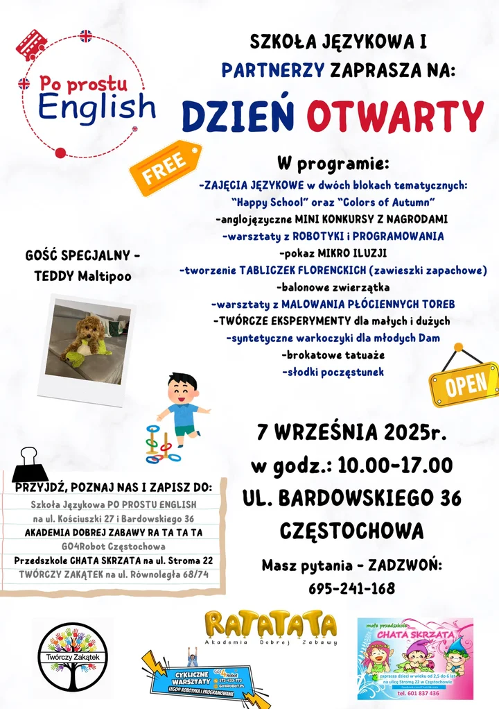 Obrazek przedstawia grafikę promocyjną wydarzenia Dzień Otwarty Szkoły Językowej „Po prostu English” w Częstochowie