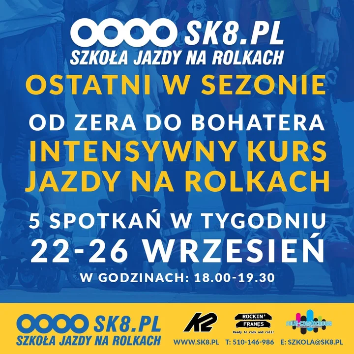 Obrazek przedstawia grafikę promocyjną wydarzenia Intensywny kurs jazdy na rolkach dla dorosłych — 5 dni treningu