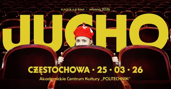 Grafika promocyjna wydarzenia JUCHO w Częstochowie — koncert w Akademickim Centrum Kultury Klub Politechnik