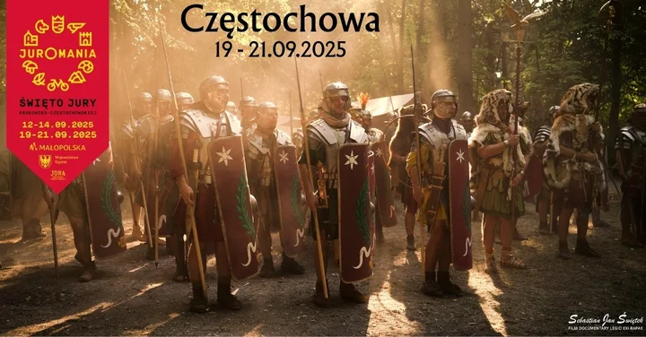 Obrazek przedstawia grafikę promocyjną wydarzenia Rekonstrukcje rzymskie i pokazy historyczne w Parku Lisiniec