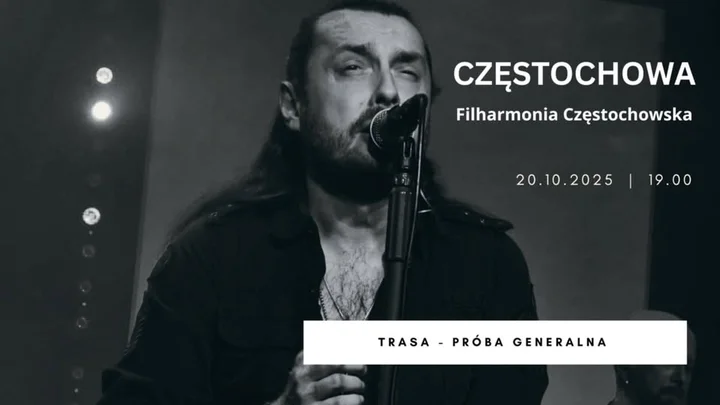 Obrazek przedstawia grafikę promocyjną wydarzenia Piotr Cugowski — próba generalna przed premierą w Częstochowie