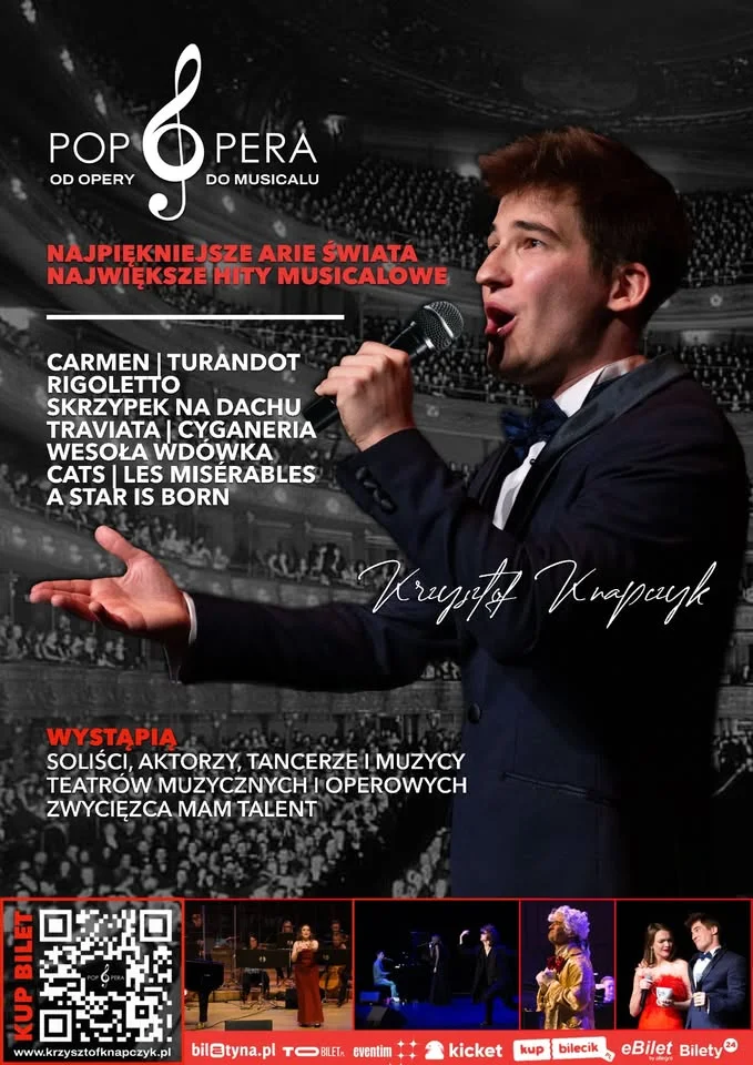 Obrazek przedstawia grafikę promocyjną wydarzenia Pop Opera w Częstochowie — koncert łączący operę z musicalem