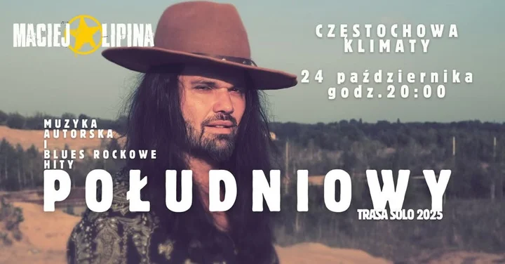 Obrazek przedstawia grafikę promocyjną wydarzenia Koncert Macieja Lipiny w restauracji Klimaty w Częstochowie