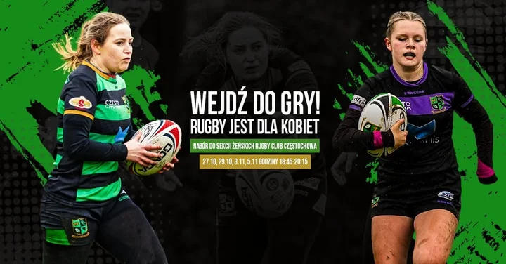 Grafika promocyjna wydarzenia Nabór do żeńskich sekcji Rugby Club Częstochowa — otwarte treningi dla kadetek i seniorek