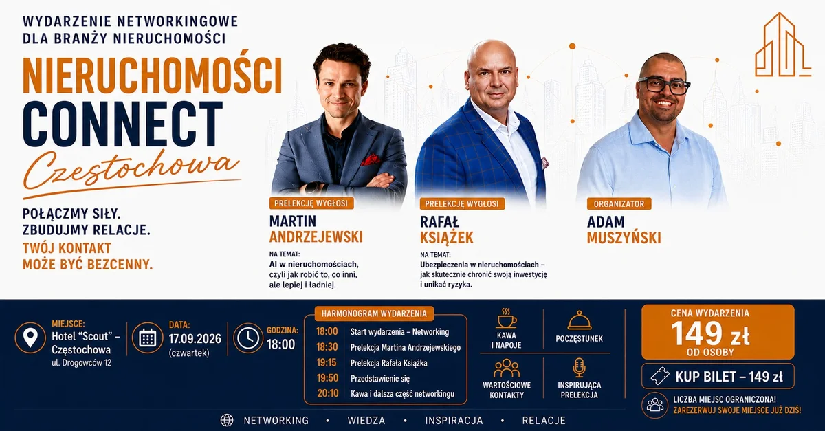 Grafika promocyjna wydarzenia Nieruchomości Connect Częstochowa: networking i wiedza