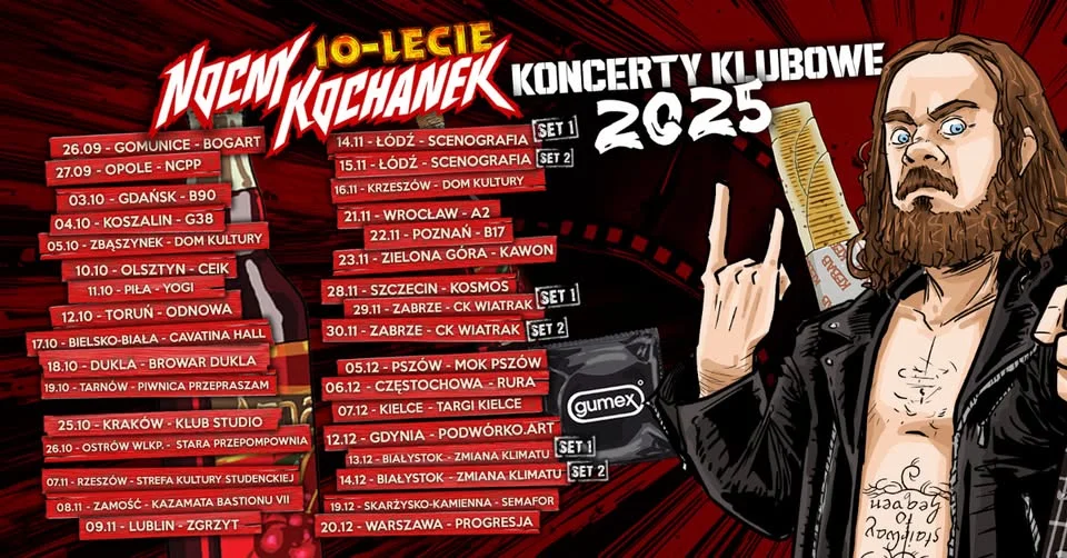 Obrazek przedstawia grafikę promocyjną wydarzenia Koncert jubileuszowy zespołu Nocny Kochanek w Częstochowie