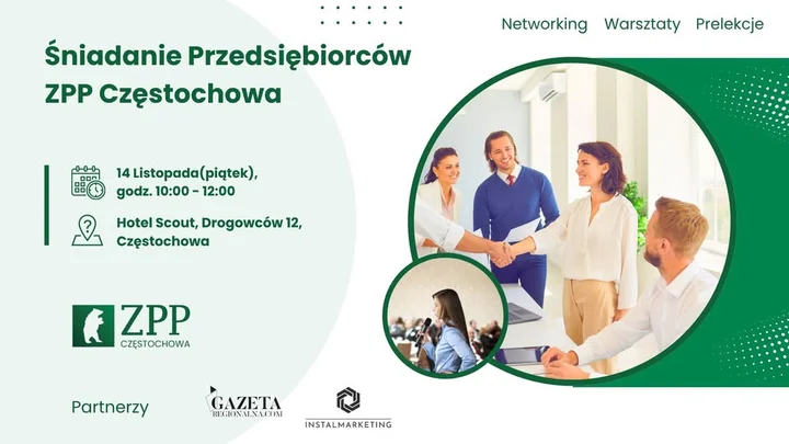 Grafika promocyjna wydarzenia Śniadanie Przedsiębiorców ZPP Częstochowa — networking i wymiana doświadczeń