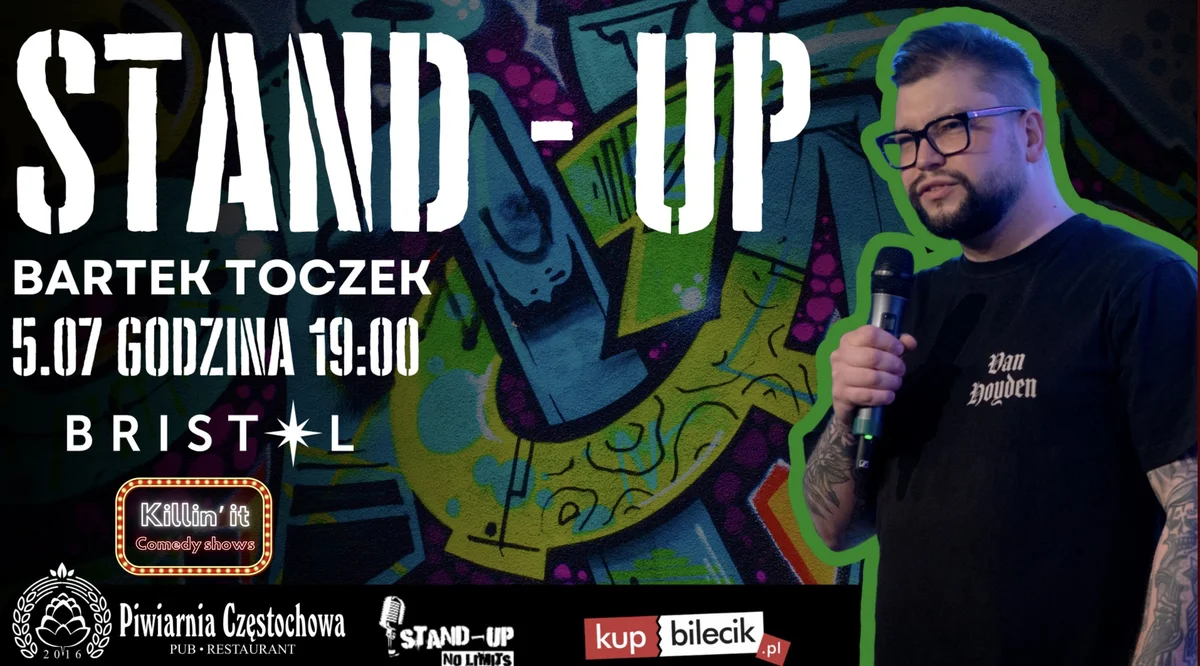 Grafika promocyjna wydarzenia Stand-up z Bartkiem Toczekiem w Częstochowie – szybkie żarty bez zbędnych dłużyzn