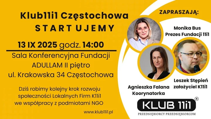 Obrazek przedstawia grafikę promocyjną wydarzenia Inauguracja działalności Klubu11i1 w Częstochowie