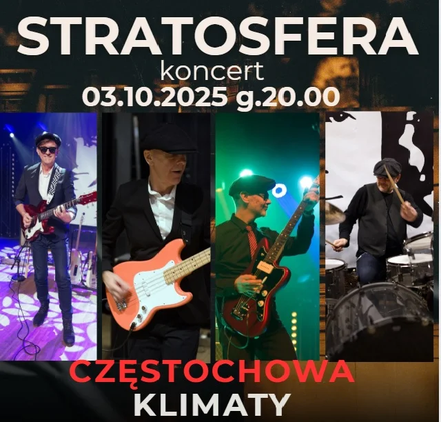 Obrazek przedstawia grafikę promocyjną wydarzenia Koncert zespołu Stratosfera w Restauracji Klimaty w Częstochowie