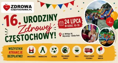 Grafika promocyjna wydarzenia 16 urodziny Zdrowej Częstochowy x Simba Park – atrakcje dla dzieci