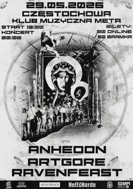 Grafika promocyjna wydarzenia Anhedon + Artgore + Raven Feast w Częstochowie
