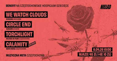 Grafika promocyjna wydarzenia BENEFIT: we watch clouds, Circle End, Torchlight i Calamity w Muzycznej Mecie w Częstochowie