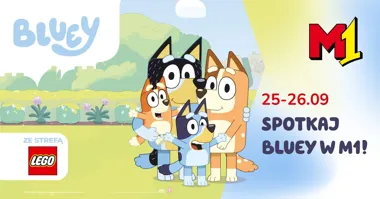 Grafika promocyjna wydarzenia Bluey i LEGO® w M1 Częstochowa: rodzinny weekend