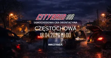 Grafika promocyjna wydarzenia CITYRAID Częstochowa: samochodowa gra orientacyjna z nagrodami