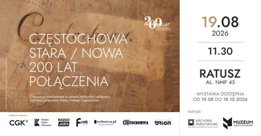 Grafika promocyjna wydarzenia Częstochowa Stara / Nowa. 200 lat połączenia – otwarcie wystawy