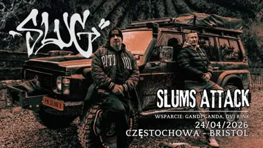 Grafika promocyjna wydarzenia SLUMS ATTACK, Peja & DJ Decks w Częstochowie – koncert promujący album „SLUG”