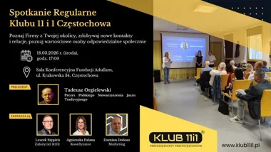 Grafika promocyjna wydarzenia Spotkanie Regularne Klubu 11i1 Częstochowa — networking i prelekcje z Tadeuszem Orgielewskim