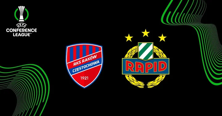 Obrazek przedstawia grafikę promocyjną wydarzenia Mecz Raków Częstochowa – SK Rapid w ramach UEFA Conference League