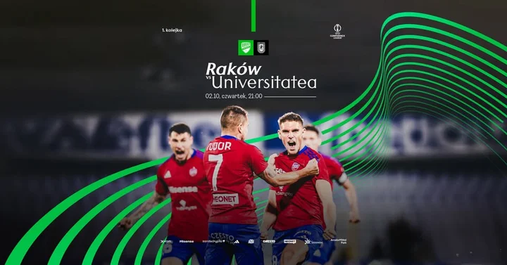 Obrazek przedstawia grafikę promocyjną wydarzenia Mecz Raków Częstochowa — Universitatea Craiova w fazie grupowej Ligi Konferencji UEFA