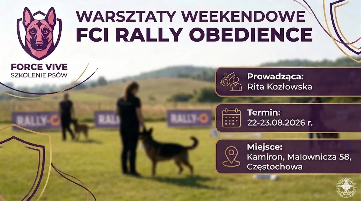 Grafika promocyjna wydarzenia Weekend z FCI Rally Obedience w Częstochowie. Warsztaty z Ritą Kozłowską