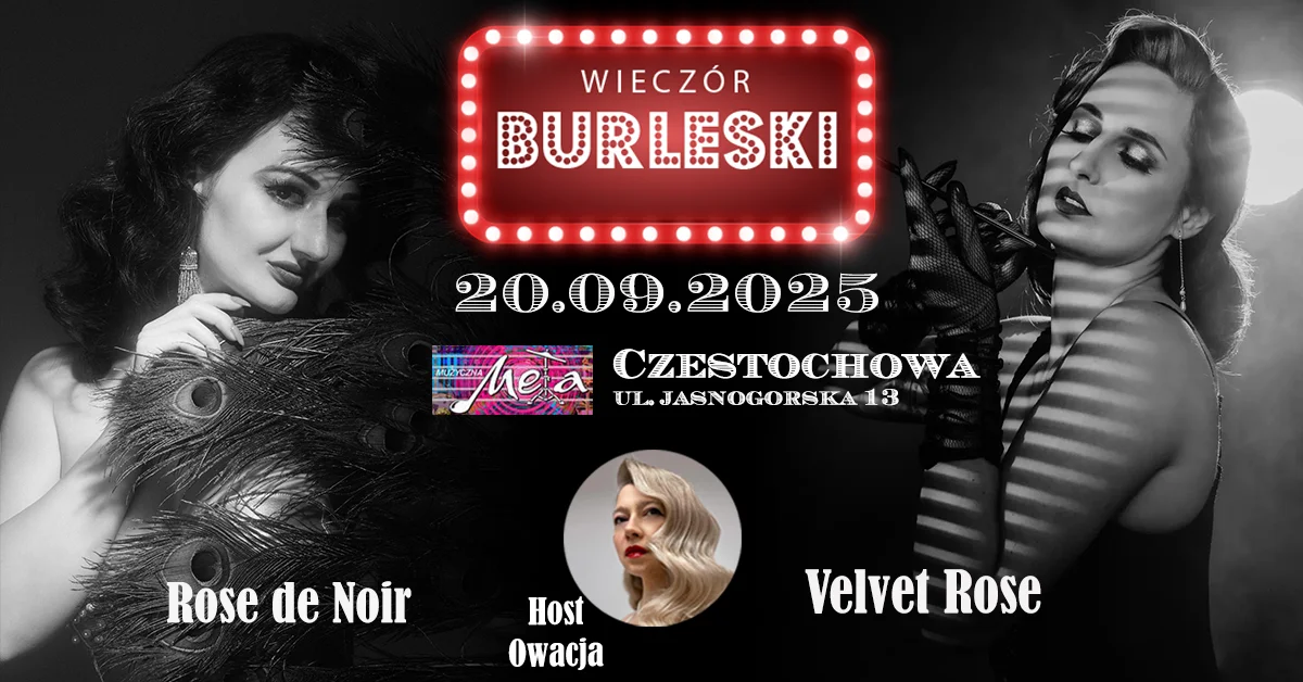 Grafika promocyjna wydarzenia Wieczór burleski w klubie Muzyczna Meta w Częstochowie