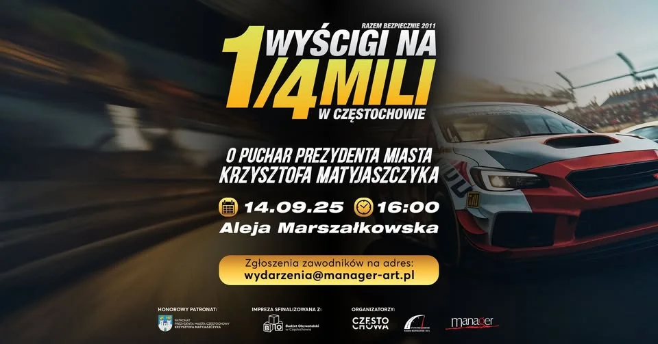Obrazek przedstawia grafikę promocyjną wydarzenia Wyścigi na ćwierć mili w Częstochowie – wydarzenie sportowe 2025