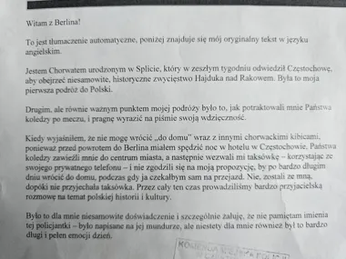 Fragment listu w języku polskim od chorwackiego kibica dziękującego policjantom z Częstochowy za pomoc po meczu piłkarskim.